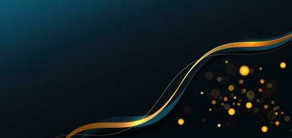 Abstract gold ribbon on blue background with lighting effect bokeh and copy space for text. Luxury design style. vector