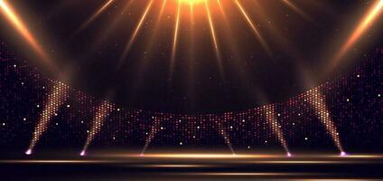 Elegant golden stage horizontal glowing with lighting effect sparkle on dark background. Template premium award design. vector