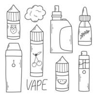 Vape set. vape liquids. Collection of electronic cigarettes in doodle style. Vector illustration.