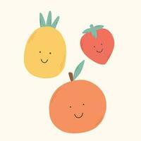 Childish print with retro fruits. Vector illustration. Groovy print with pineapple, orange, strawberry.