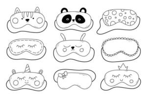 Set of sleep masks in doodle style. Collection of linear masks. Vector illustration. Iasca for sleeping with a cat, panda, unicorn.