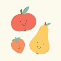 Childish print with retro fruits. Vector illustration. Groovy print with pear, apple, strawberry.