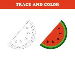 Trace and color worksheet for kids, watermelon, vector. vector