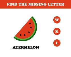 Find the missing letter worksheet for kids, watermelon, vector. vector