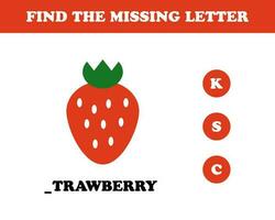 Find the missing letter worksheet for kids, strawberry, vector. vector