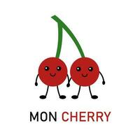 Cute postcard, vector. Cherry cartoon cute characters. Mon cherry inscription. vector