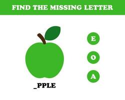 Find the missing letter worksheet for kids, apple, vector. vector