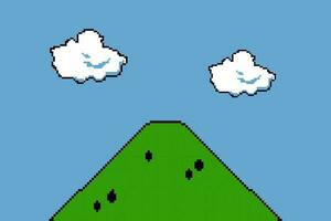 old video game on a console. Game background pixel art. Pixel cloud and hill vector