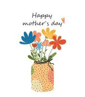 Happy Mother's Day design greeting card template with vase bouquet of flowers. Hand drawn poster, flyer or card vector illustration with lettering in trendy modern art style