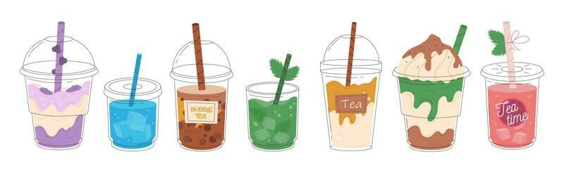 Sweet Bubble Cup. Milk tea with tapioca pearls. A tea of mixed fruit  flavors. Strawberry and blueberry. Asian Taiwanese beverage. Painted color  fashion vector illustration. Cartoon style. Flat design 7064579 Vector Art