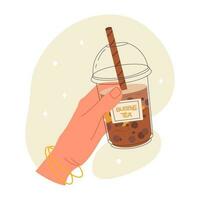 Hand hold bubble tea shakes. Bubble tea, coffee drink. Doodle cup of ice milk, milkshake in glasses, cute cartoon beverages for cafe menu, dessert ad, cold summer chocolate. Flat vector illustration.