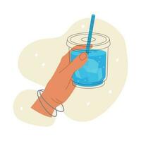 A womans hand holds a refreshing iced tea in a plastic glass with a straw. Summer refreshing cocktail with ice. Vector stock illustration isolated on white background.