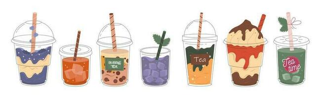 Milkshake and Taiwanese bubble tea. A set of soft drinks and iced tea. Pearl milk tea, Yummy drinks, coffees, sparkling soft drinks. Vector stock illustration for design of banners, menus.