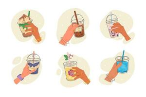 Set bubble tea cups in hands. Sweet boba tea, hand holding bubble tea, popular taiwanese drink. Milk cocktail with cream. Drink bubble tea, beverage ice in hand. Vector graphics in hand drawn style.