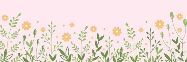 Spring floral border. Banner with twigs, leaves and flowers. Vector illustration. Summer botanical background.