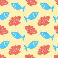 Seamless pattern with sea animals. Vector illustration, doodle style. Summer marine background. Drawing of shells and fishes.