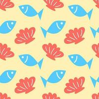 Seamless pattern with sea animals. Vector illustration, doodle style. Summer marine background. Drawing of shells and fishes.