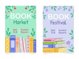 A set of two advertising posters for a literary event in bookstores or libraries. Hand drawn color illustration of books and flowers. vector