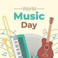 Square background for world music day celebration. Colorful template with musical instruments. Template for invitations, posters, promotions. vector