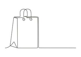 Shopping paper bag with handle, template continuous line art drawing. Craft paper pack for gift, food, item. Packet, retail package. Take Away, delivery. Black linear sketch, single one line. Vector