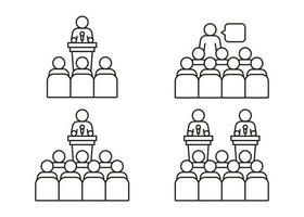 Lector man speech behind podium on conference with audience spectator, line icon set. Speaker on tribune by leader, businessman, teacher talking before of people spectators back. Vector outline