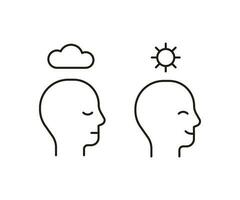 Head profile with calm and positive mood, line icon. Face with cloud and clear sky, sun. Control of mind, psychology. Vector illustration