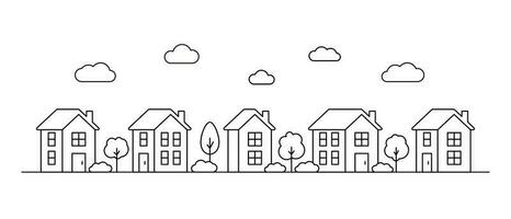 Neighborhood big house, line art. Street building, real estate architecture, apartment. Facade home in country city landscape. Vector outline illustration