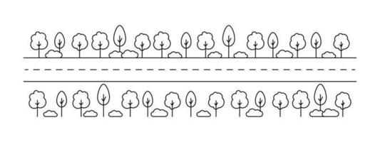 Road map with trees, landscape line art drawing. Straight way in forest. Car travel. Vector illustration