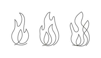 Fire continuous single art line drawing set. Flame shape, bonfire, gas icon. Vector outline illustration