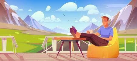 Man sitting on terrace with road and mountain view vector