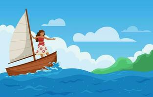 Hawaiian Girl Sailing with Her Boat in the Ocean vector