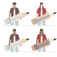 Cute student standing with a large pencil set. Flat design style minimal vector illustration.