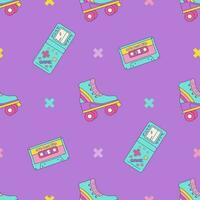 Vintage seamless pattern 80s 90s, roller skates, cassette tape, geometric shapes in Memphis style. Vector retro print on checkered background