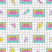 Retro cassette vintage seamless pattern 80s 90s geometric shapes in Memphis style on checkered background vector