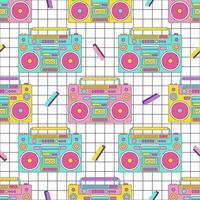 Retro boombox vintage seamless pattern 80s 90s geometric shapes in Memphis style on checkered background vector