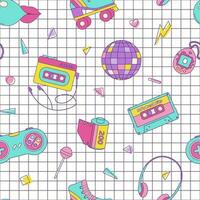 Vintage seamless pattern 80s 90s disco ball, roller skates, cassette tape, geometric shapes in Memphis style. Vector retro background on checkered background