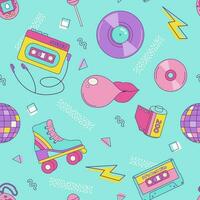 Vintage seamless pattern 80s 90s disco ball, roller skates, cassette tape, geometric shapes in Memphis style. Vector retro background