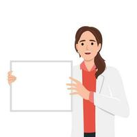 Doctor holding blank board in his hands. Masked doctor female personage presenting sign. vector