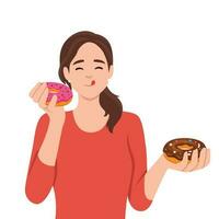 Satisfied beautiful girl eats donuts bought in store with fresh pastries and sweet desserts. Woman eats high-calorie buns covered with sugar icing enjoying donuts from fast food restaurants vector