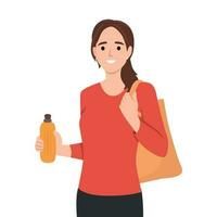 Young woman holding a reusable water bottle. vector