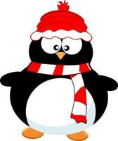 Cute penguin wearing red cap and scarf. vector