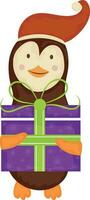 Cute penguin holding purple gift box. vector