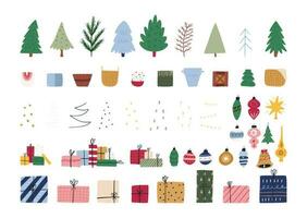 Christmas tree constructor, set of cute hand drawn elements - flat vector illustration isolated on white. Fir trees, baskets and buckets, garlands, lights and ornaments. Pile of gift box and present.