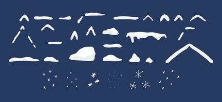 Set of snow piles, snow caps and snowflakes - cartoon flat vector illustration isolated on blue background. Collection of hand drawn snowfall winter elements.