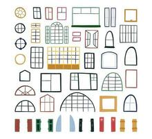 Big collection of hand drawn windows, cartoon flat vector illustration isolated on white background. Various windows - modern and retro, big, small and circled. House exterior element.