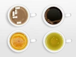 Cups of coffee, tea and cocoa top view vector