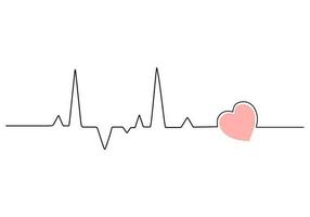 One continuous single line drawing of heart beat on white background. vector