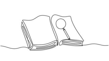 Continuous one line drawing of book and magnifying glass. vector