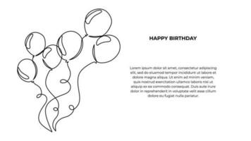 Birthday balloons flying one line drawing, continuous hand drawn art. vector