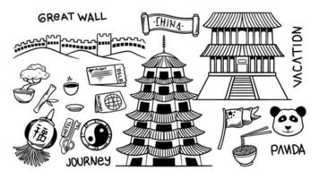 China doodle hand drawn set objects, travel drawing collection. vector